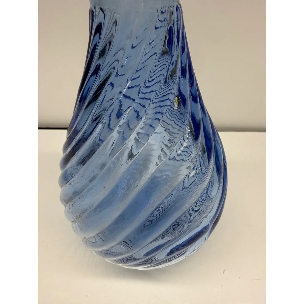 Hand Blown Blue Swirl Optic Glass Vase Teardrop Spiral Art Glass 6 Inch